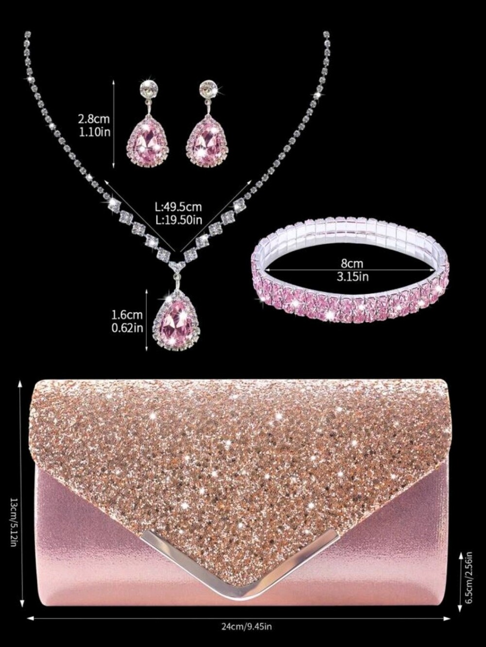 Sparkle Rose Gold Glitter Envelope Clutch with Jewelry Set - Picture 2 of 6